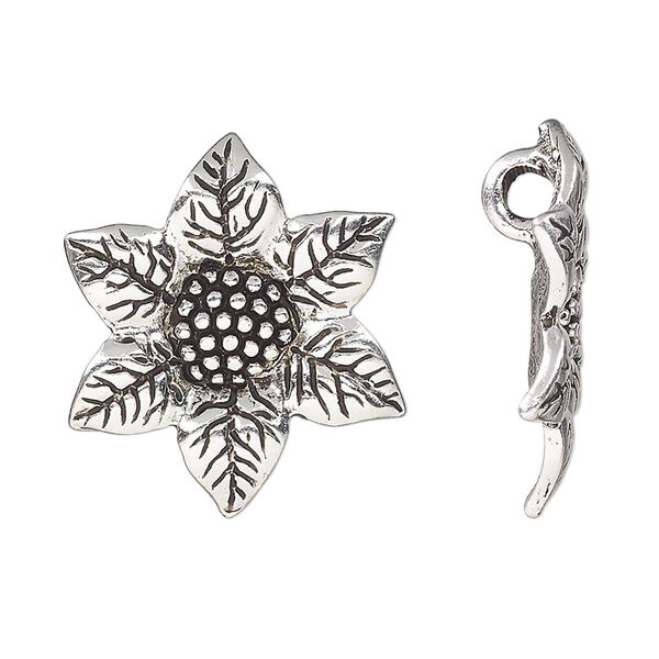 Charm, antique silver-plated pewter (tin-based alloy), 26x23mm single-sided cornflower with hidden loop. Sold per pkg of 2. image number 0