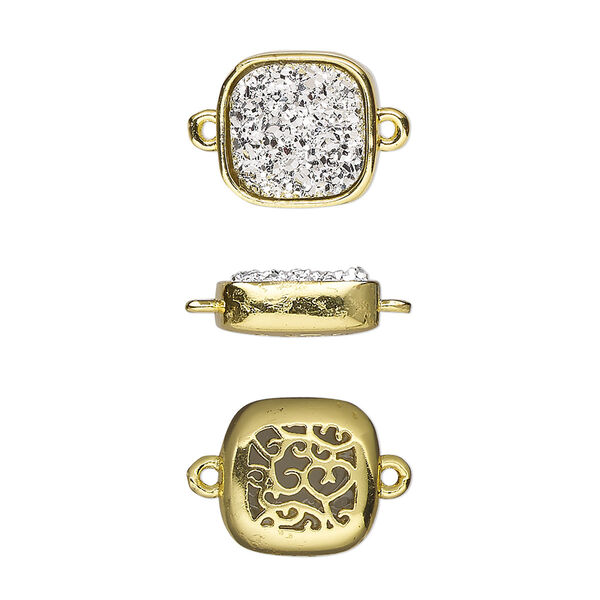 Link, Druzylite™, "druzy" (resin) and gold-finished brass, silver, 11.5mm two-sided square with open filigree back. Sold per pkg of 4. image number 0