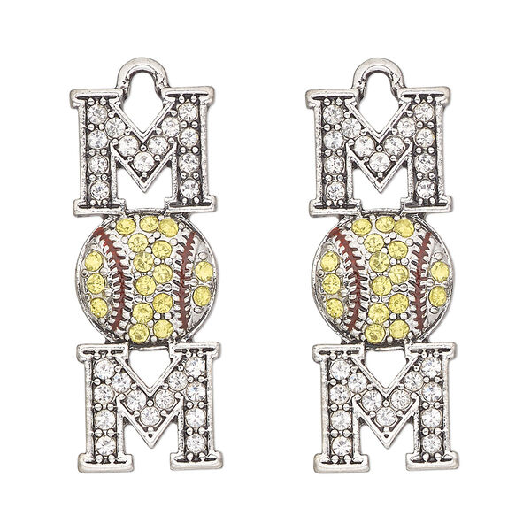 Focal, antique silver-finished "pewter" (zinc-based alloy) and glass, yellow / red / clear, 32x12mm single-sided mom and softball. Sold per pkg of 2. image number 0