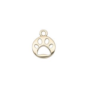 Drop, gold-finished "pewter" (zinc-based alloy), 11mm single-sided round with cutout paw print. Sold individually.