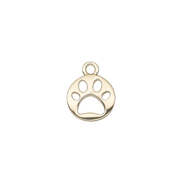 Drop, gold-finished "pewter" (zinc-based alloy), 11mm single-sided round with cutout paw print. Sold individually. image number 0