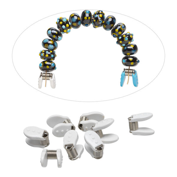 Clip, Bead Bugs™, plastic and stainless steel, white or teal, 18 x 16 x 9mm with soft comfort grip. Sold per pkg of 8. image number 0