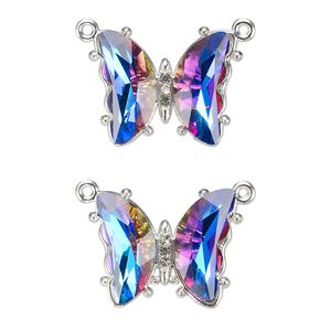 Connector, silver-finished brass, clear bermuda blue, 19x15mm butterfly with closed loop. Sold per pkg of 2.