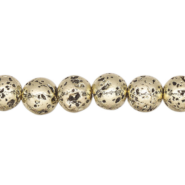 Bead, electro-coated lava rock (coated), light gold, 7-8mm round. Sold per 15-1/2" to 16" strand. image number 0