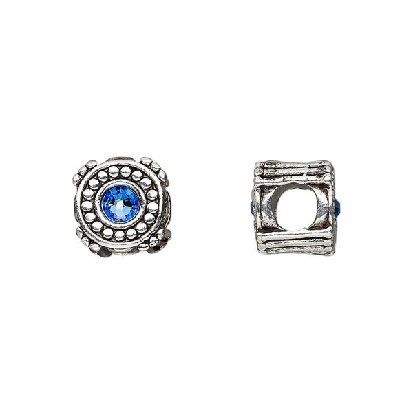 Bead, Dione®, antique silver-plated pewter (tin-based alloy) and crystal rhinestone, sapphire blue, 10mm double-sided round. Sold individually. image number 0