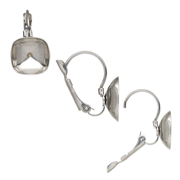 Ear wire, Almost Instant Jewelry®, stainless steel, 22mm leverback with 12x12mm classical cushion setting. Sold per pkg of 2 pairs. image number 0