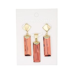 Pendant and earring, glass and gold-finished stainless steel, burgundy red, 31x10mm faceted rectangle pendant, 29mm earring with faceted rectangle and post. Sold per set.