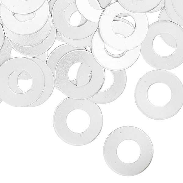 Washer, anodized aluminum, silver, 13mm double-sided flat round blank with 6mm hole, 20 gauge. Sold per pkg of 100. image number 0