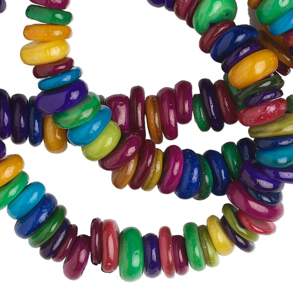 Bead, mother-of-pearl shell (dyed), pkg/15 inches, 6x1mm-9x4mm freeform rondelle, multicolored. image number 0