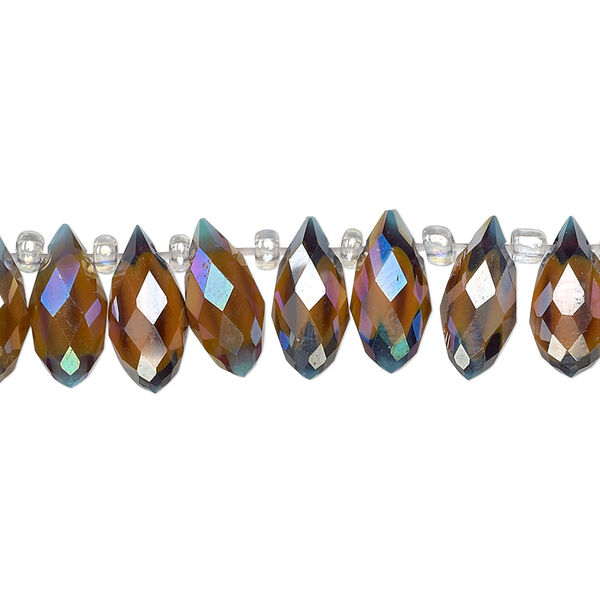 Bead, millefiori glass, marbled light blue and amber yellow AB, 12x6mm top-drilled faceted teardrop. Sold per 6-inch strand, approximately 25 beads. image number 0