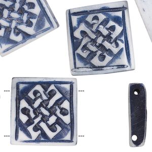 Bead, bone (dyed), denim blue, 19x5mm hand-carved double-drilled single-sided square with knot design, Mohs hardness 2-1/2. Sold per pkg of 8.