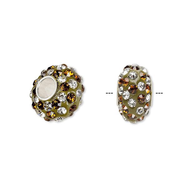 Bead, Dione®, Czech glass rhinestone / epoxy / sterling silver grommets, root beer and clear, 14x8mm rondelle with spiral design, 4.5mm hole. Sold individually. image number 0