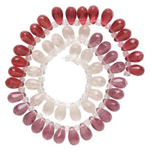 Bead, glass, transparent pale pink, light pink and dark pink, 11x7mm top-drilled teardrop with irregular rondelles. Sold per 14-inch strand.
