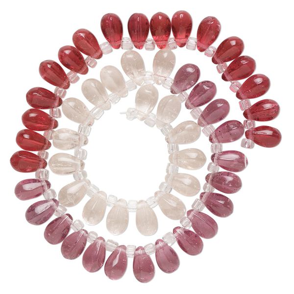 Bead, glass, transparent pale pink, light pink and dark pink, 11x7mm top-drilled teardrop with irregular rondelles. Sold per 14-inch strand. image number 0