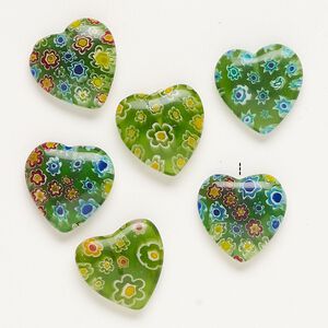 Bead, millefiori glass, translucent green and multicolored, 16-19mm half-drilled puffed heart. Sold per pkg of 6.
