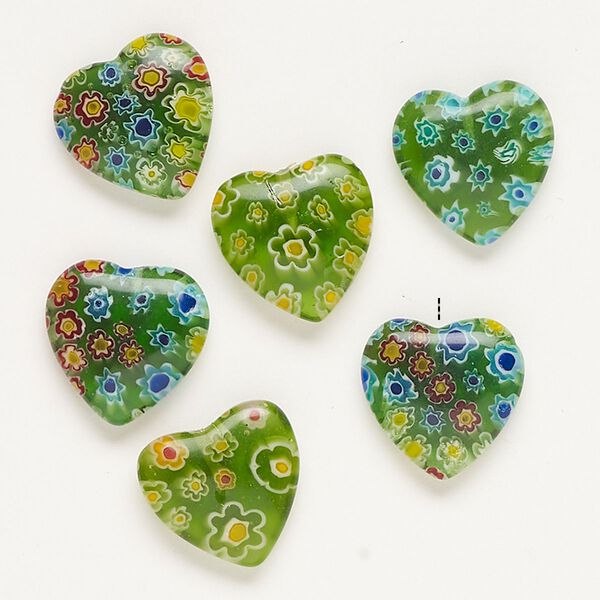 Bead, millefiori glass, translucent green and multicolored, 16-19mm half-drilled puffed heart. Sold per pkg of 6. image number 0