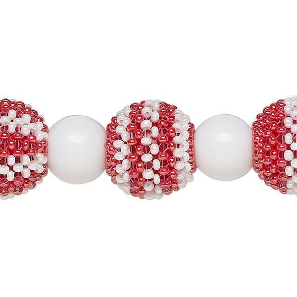 Bead, glass, opaque red and white, 13mm round and 10mm round. Sold per 6-inch strand, approximately 7 beads. image number 0