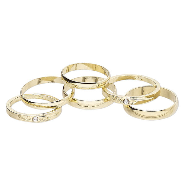 Ring mix, glass rhinestone and gold-finished brass, clear, 3-4mm wide, size 5 to 12-1/2. Sold per pkg of 6. image number 0