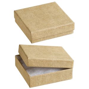 Box, paper and polyester, "cotton"-filled, light gold, 3-1/2 x 3-1/2 x 1-inch square with linen texture. Sold per pkg of 10.