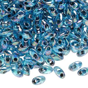 Seed bead, Miyuki, glass, pkg/10g, 7x4mm long magatama, translucent black inside dyed color aqua blue (LMA-2168).