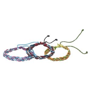 Bracelet, cotton, multicolored, 10mm wide, braided, adjustable from 7-9 inches with macramé knot closure. Sold per pkg of 3.