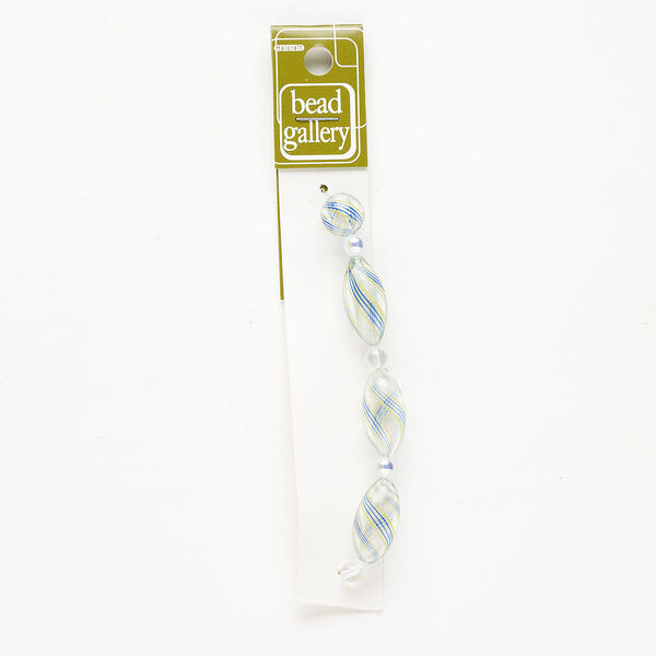 Bead 1pkg4 handblown glass, 12mm round / 25x12mm-26x13mm oval / line design, assortment translucent clear / blue / yellow image number 0