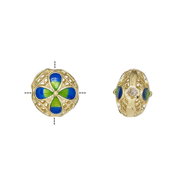 Bead, gold-finished brass and enamel, light green and blue, 11mm cross-drilled puffed round with filigree and flower design. Sold individually. image number 0
