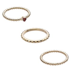 Ring, garnet (natural) and gold-finished sterling silver, 2mm wide spiked band / 2mm / 4mm wide beaded band, size 8. Sold per 3-piece set.
