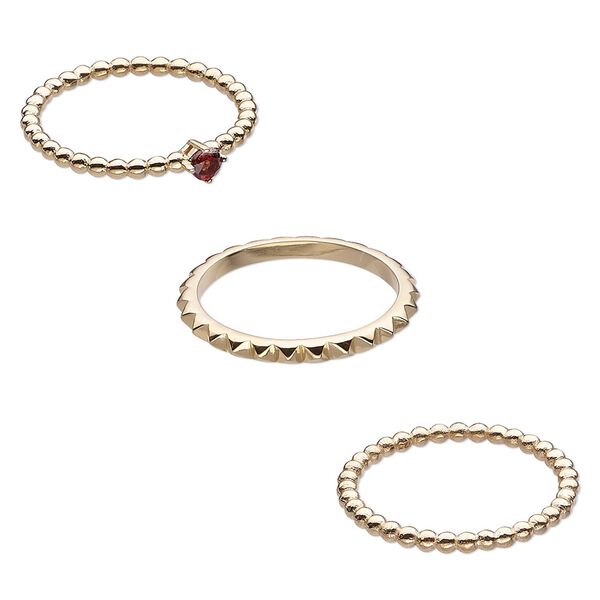 Ring, garnet (natural) and gold-finished sterling silver, 2mm wide spiked band / 2mm / 4mm wide beaded band, size 8. Sold per 3-piece set. image number 0