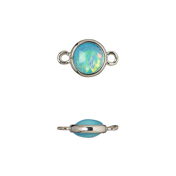 Link, Opalized Ice™, "opal" (resin) and imitation rhodium-finished brass, opaque light blue, 9.5mm double-sided round. Sold per pkg of 6. image number 0