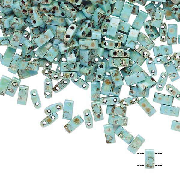 Seed bead, TILA®, glass, pkg/250g, 5x2.3mm half tila rectangle, opaque Picasso antique turquoise blue, (HTL-4514). image number 0