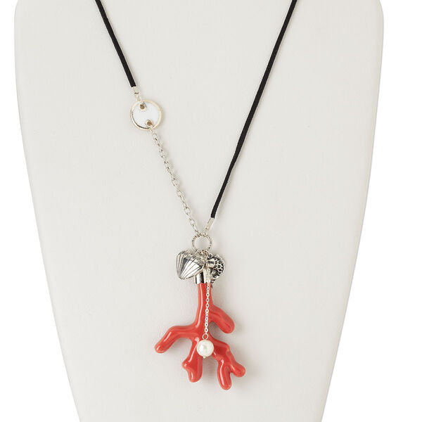 Necklace, porcelain / steel / "pewter" (zinc-based alloy) / silver-colored plastic / acrylic /  faux suede, multicolored, 70x30mm coral branch, fish and shell charm, pearl and flat round, adjustable up to 32 inches, continuous loop. Sold individually. image number 0