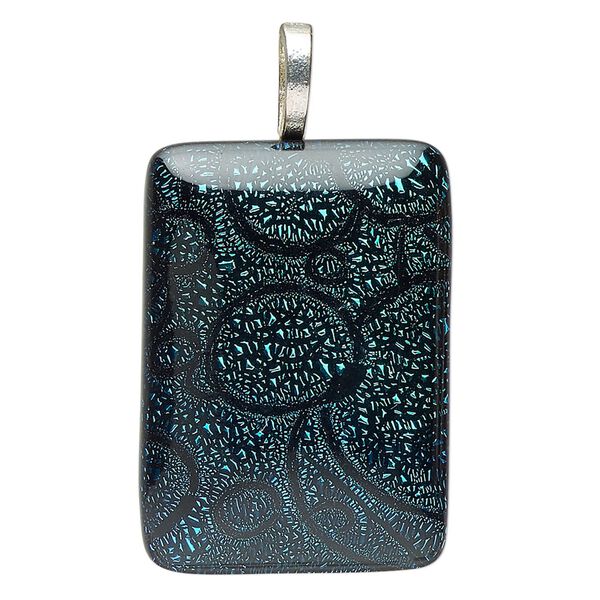 Pendant, silver-finished "pewter" (zinc-based alloy) and dichroic glass, blue and black, 45x35mm rectangle with bubbles. Sold individually. image number 0