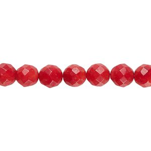 Bead, bamboo coral (dyed), red, 6-7mm hand-cut faceted round, B- grade, Mohs hardness 3-1/2 to 4. Sold per 15-1/2" to 16" strand.
