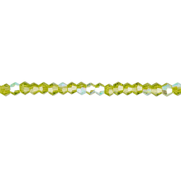 Bead 1pk 16 facets translucent peridot green AB, Celestial Crystal® 3mm bicone 15.5-16 inch image number 0