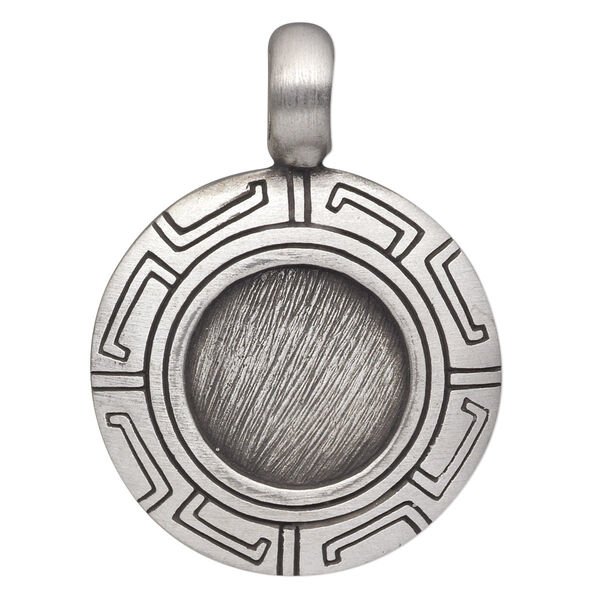 Pendant, antiqued pewter (tin-based alloy), 44x32mm round with Greek key design and 17mm round setting. Sold individually. image number 0