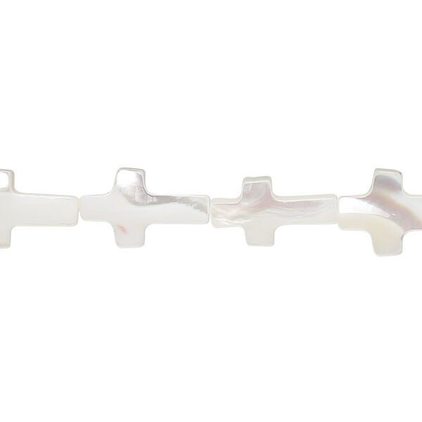 Bead, mother-of-pearl shell (bleached), white, 13x8mm hand-cut cross, Mohs hardness 3-1/2. Sold per 15-1/2" to 16" strand. image number 0