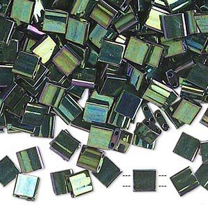Bead, Miyuki, TILA®, glass, opaque metallic malachite green, (TL468), 5mm square with (2) 0.8mm holes, fits up to 3mm beads. Sold per 10-gram pkg.