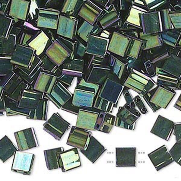 Bead, Miyuki, TILA®, glass, opaque metallic malachite green, (TL468), 5mm square with (2) 0.8mm holes, fits up to 3mm beads. Sold per 10-gram pkg. image number 0