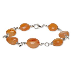 Bracelet, red agate (dyed) with silver-plated brass and steel, small to medium hand-cut nugget, 7 inches with lobster claw clasp. Sold individually.