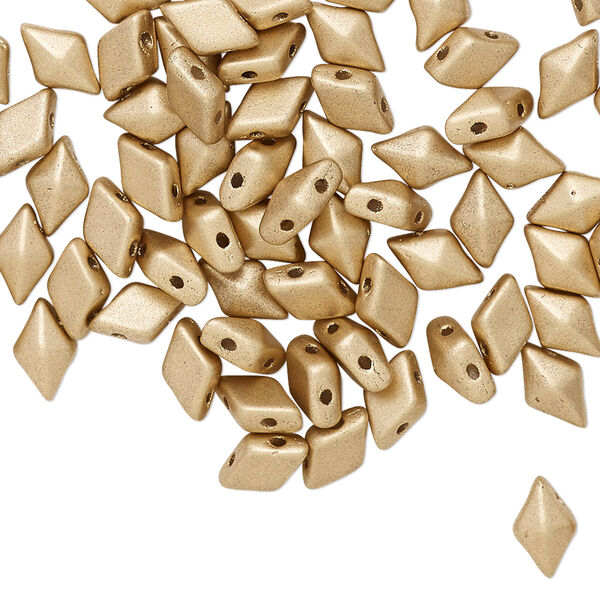 Bead, DiamonDuo™, Czech pressed glass, opaque matte gold, 8x5mm faceted diamond with flat back and (2) 0.7-0.8mm holes. Sold per 10-gram pkg, approximately 70 beads. image number 0