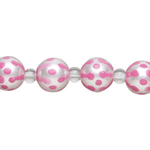 Bead, glass 1pkg8, opaque pink and white, 10mm hand-painted round.