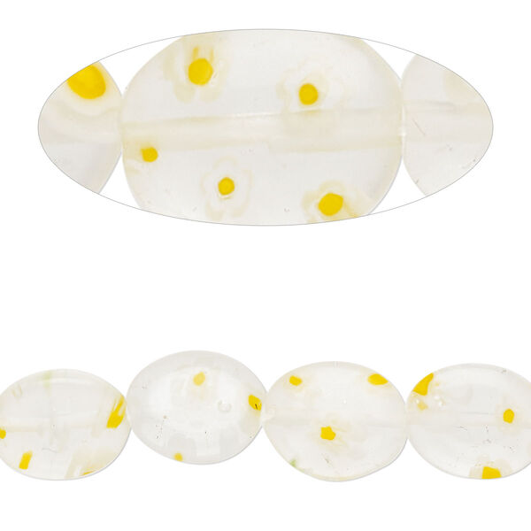 Bead, millefiori glass, transparent white / yellow / clear, 12x10mm puffed oval with flower design. Sold per 14-inch strand. image number 0