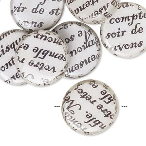 Bead, wood / newspaper / acrylic, white and black, 18mm double-sided flat round with phrase in French. Sold per pkg of 8.