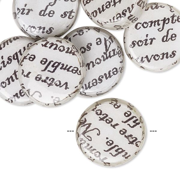 Bead, wood / newspaper / acrylic, white and black, 18mm double-sided flat round with phrase in French. Sold per pkg of 8. image number 0