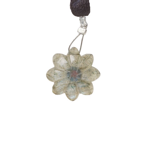Labradorite / garnet 1pkg1, top-drilled hand-cut 1sided carved flower bead natural, 16mm image number 1