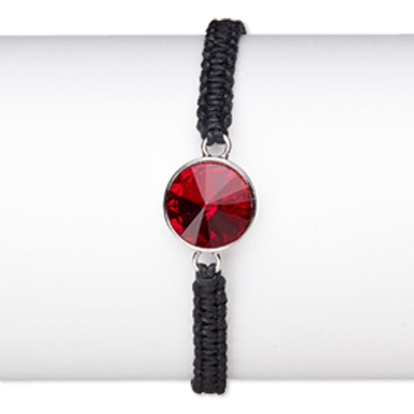 Bracelet, glass / nylon / silver-finished brass / steel, black and red, 16mm rivoli with macramé design, 6-1/2 inches with 3-inch extender chain and lobster claw clasp. Sold individually. image number 0