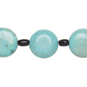 Bead mix, "turquoise" (imitation) resin and glass, light blue and black, 6x4mm barrel and 16-17mm puffed flat round. Sold per pkg of 7.
