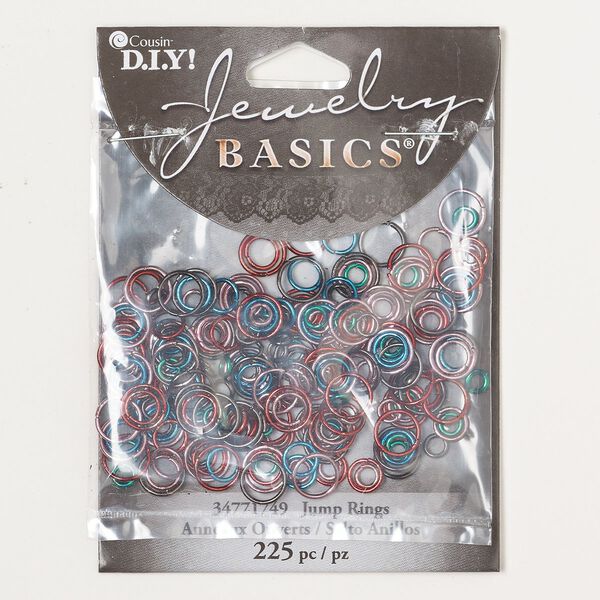 Jump ring mix, anodized steel, mixed colors, 4-8mm round, 2.2-6.3mm inside diameter, 19 gauge. Sold per pkg of 225. image number 0