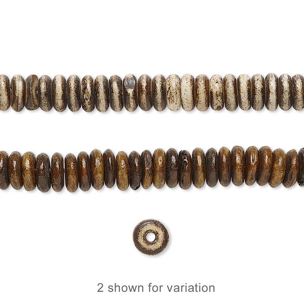 Bead, bone (dyed), antiqued brown and cream, 5x2mm rondelle, Mohs hardness 2-1/2. Sold per 15-1/2" to 16" strand. image number 0